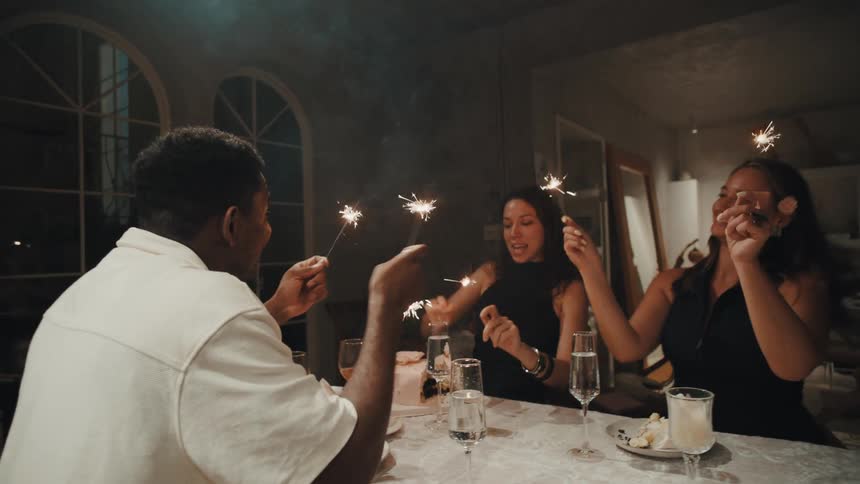 A diverse group of friends wave sparklers and celebrate joyfully at a dinner party in a warmly lit room at night