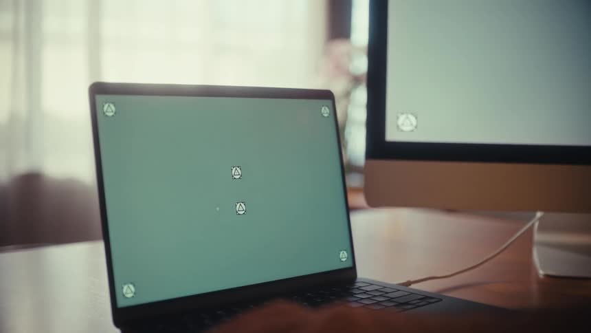 A person uses a laptop with a green screen and tracking markers, with a desktop computer in the background