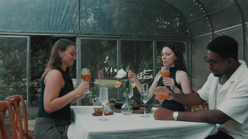 Happy friends toast in slow motion with orange cocktails during an elegant dinner party in a beautiful garden greenhouse