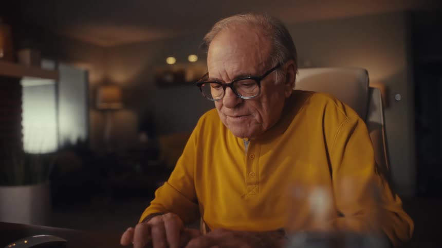 A senior man with glasses smiles while typing on his computer at night, but his expression slowly turns to one of serious concern