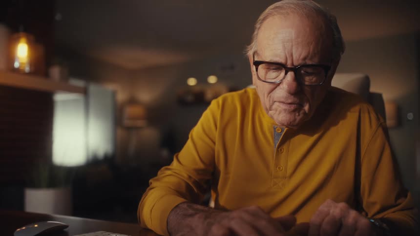 A senior man with glasses works at his desk at night, typing on a computer and using a calculator before looking up at the screen with a happy smile
