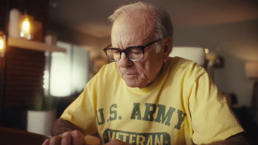 A senior U.S. Army veteran with glasses concentrates while typing on his computer at night, then breaks into a happy smile