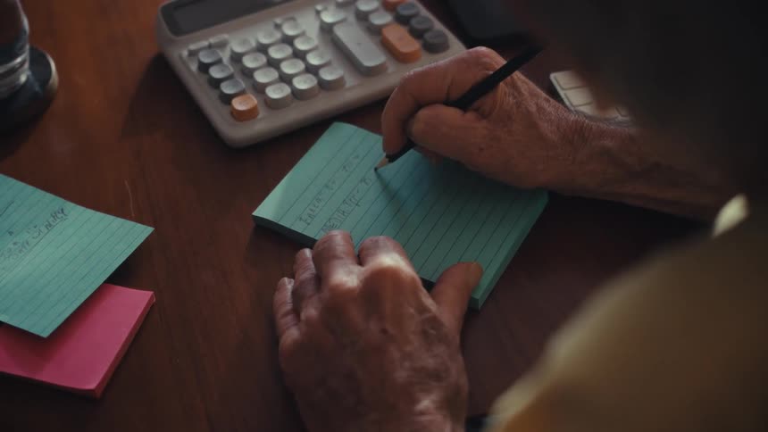 An over-the-shoulder view of an elderly person writing notes with a pencil on a sticky pad at a wooden desk with a calculator nearby