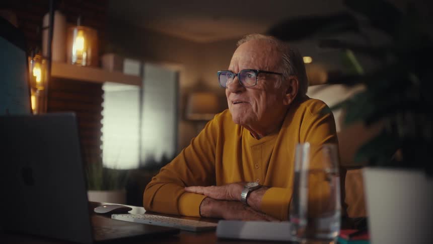 An elderly man in a yellow shirt smiles warmly while working on his laptop in his cozy home office at night