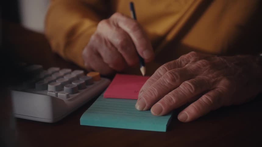 Close-up of senior hands writing numbers on a sticky note and using a calculator to manage finances