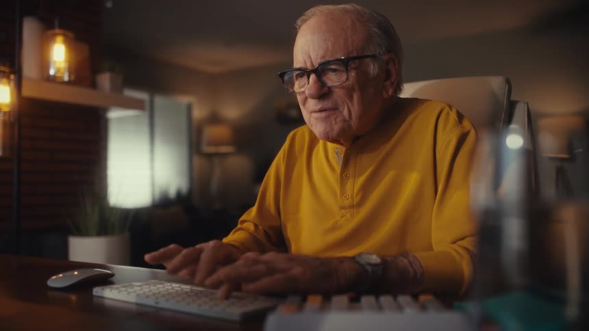 A cheerful elderly man in a yellow shirt types on his computer keyboard and smiles while sitting at his desk at home at night