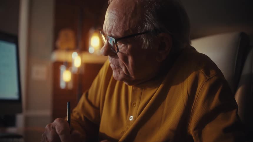 Elderly man with glasses working from his home office late at night, analyzing data on a computer and taking notes