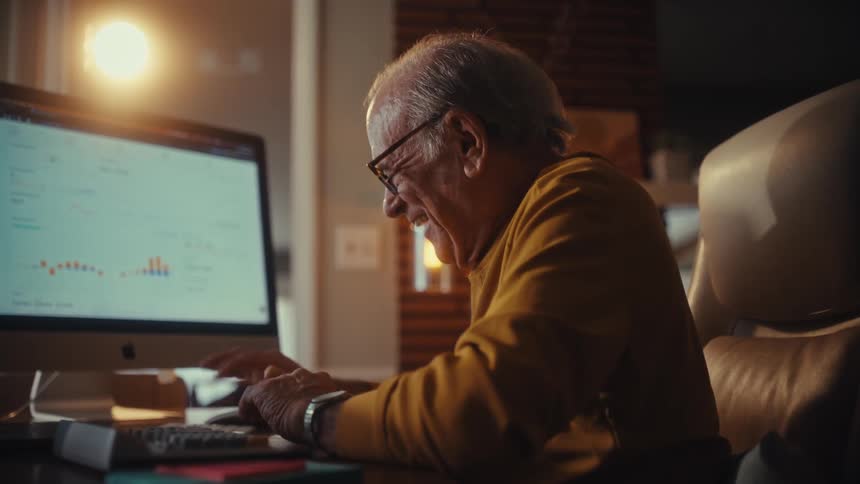 Happy elderly man working in his home office at night laughs with joy as he successfully manages his financial investments on the computer