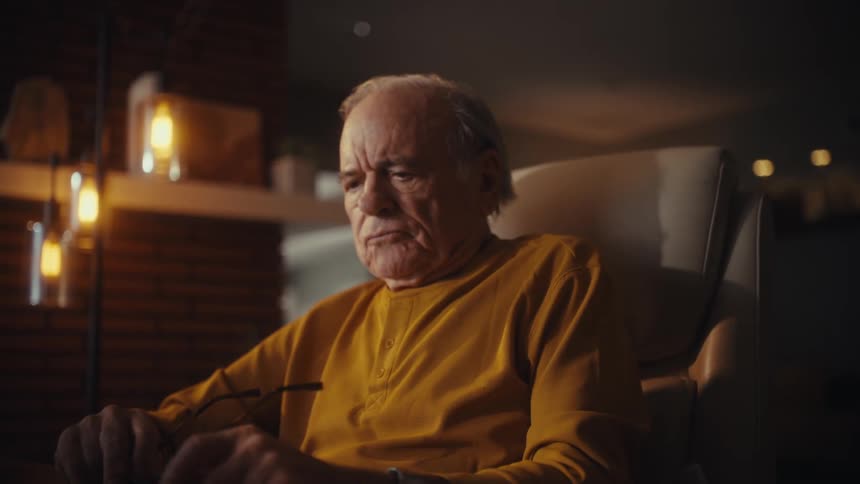 A pensive elderly man takes off his glasses and stares thoughtfully into the distance while working late at his desk in a dark room