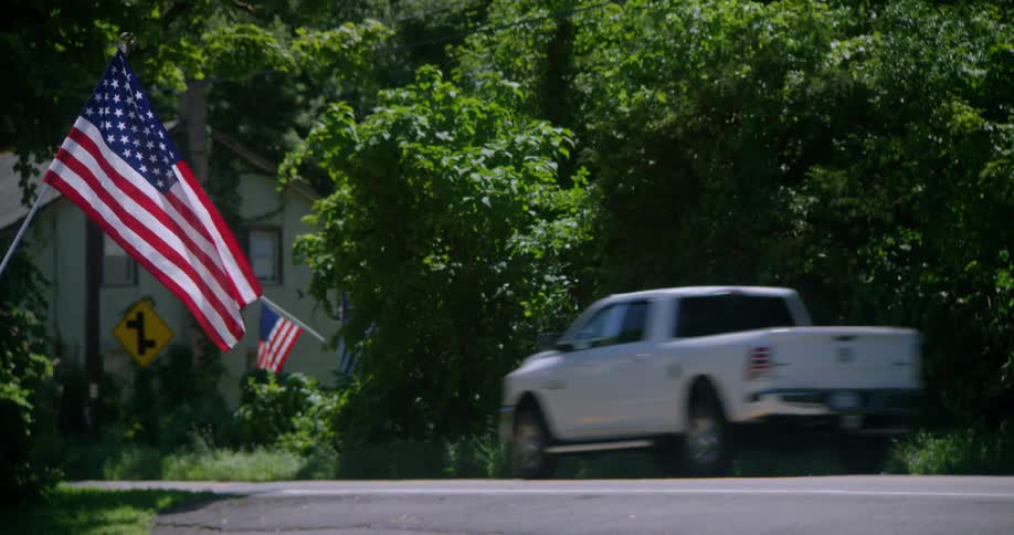 American flags fluttering in the breeze near a street