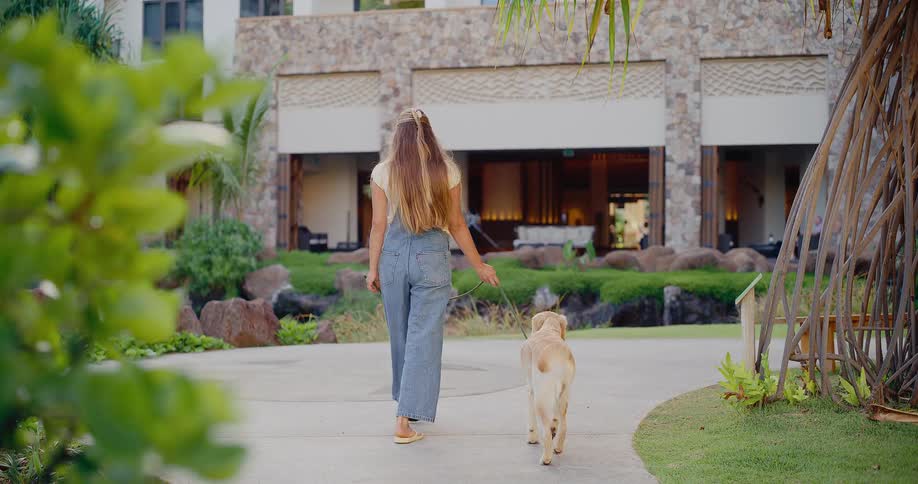 A young woman with long hair enjoys a leisurely walk with her golden retriever on a path at a luxury tropical resort