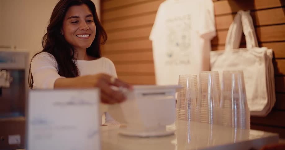 A smiling female cashier at a cafe operates the point-of-sale system and turns it for a customer to make a contactless credit card payment