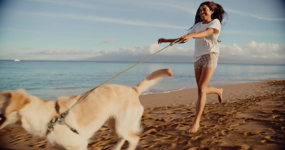 A smiling young woman runs alongside her happy golden retriever on a tropical beach in slow motion