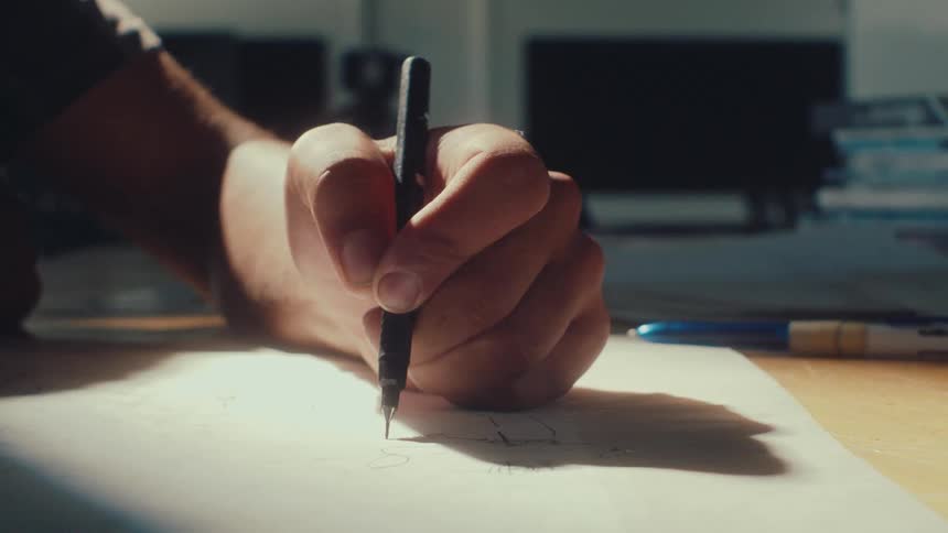A slow-motion close-up of a hand pausing while writing with a mechanical pencil on a sunlit desk