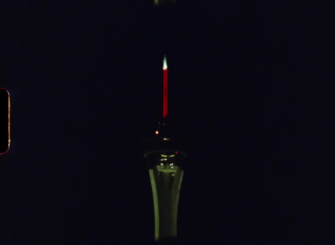Vintage film captures the illuminated top of the Stratosphere in Las Vegas