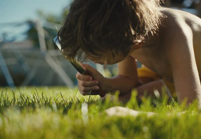 A curious young boy lies in the bright green grass on a sunny day, closely examining something with a magnifying glass