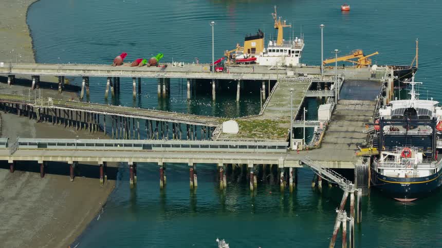 An overhead shot shows a bustling harbor pier with a large ship docked and a flock of seagulls