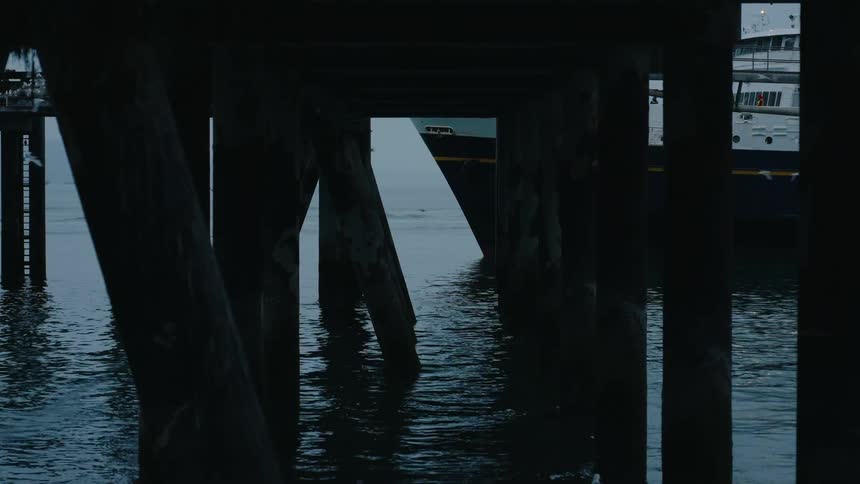 A slow-moving ferry is framed by the dark, silhouetted pilings from underneath a pier on a moody, overcast day