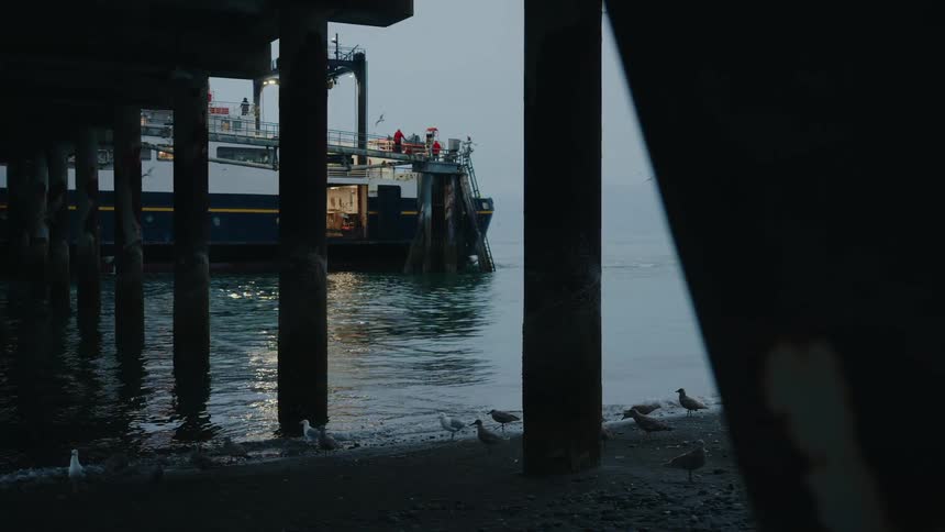 A fishing trawler is docked in the calm harbor at dusk as seagulls gather on the shore under a pier