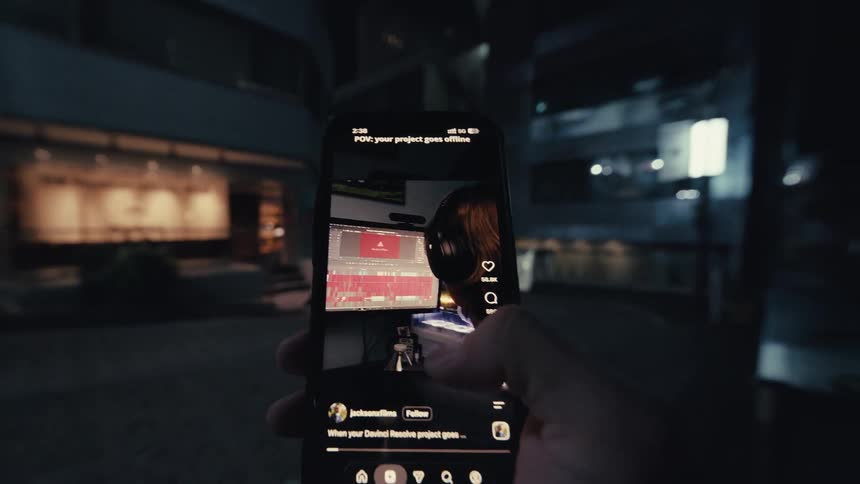 First-person perspective of a hand holding a smartphone and endlessly scrolling through a social media video feed at night on a city street