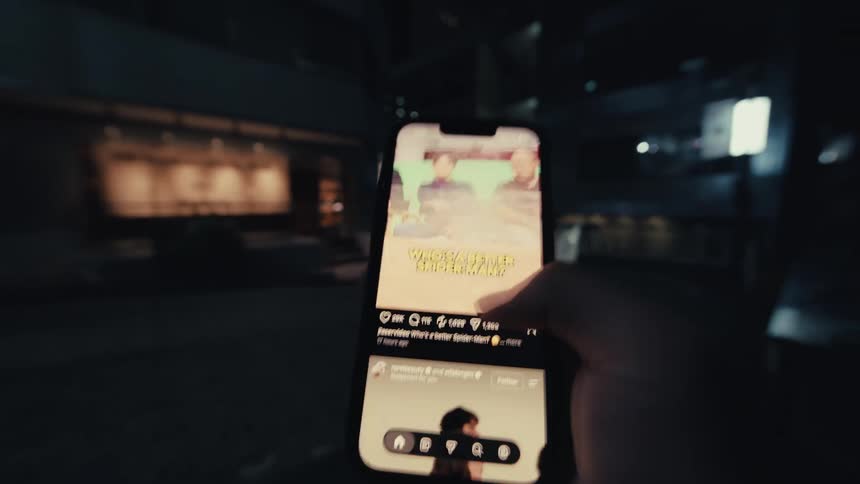 A frantic first-person perspective of doomscrolling on a smartphone through a social media feed at night