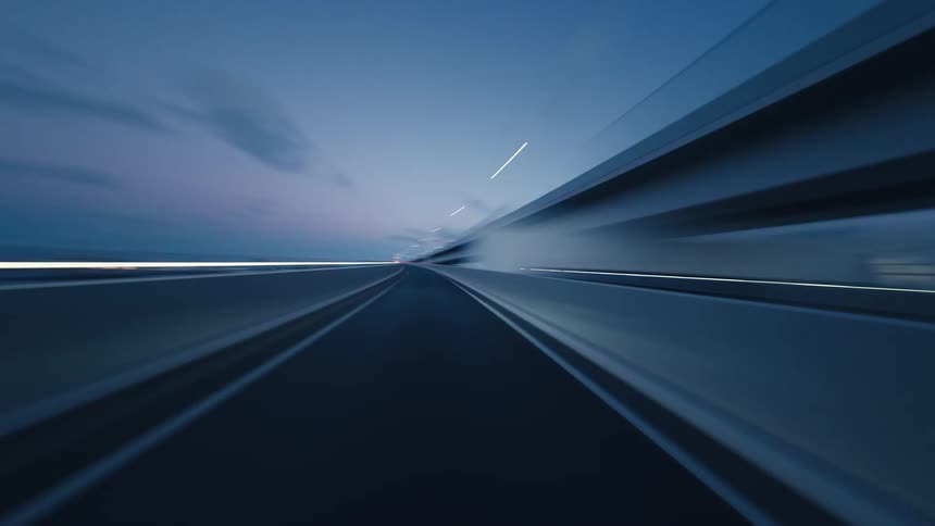 An immersive first-person hyper-lapse journey driving through a futuristic city highway at twilight, where light trails streak across the night sky