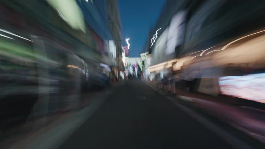 A surreal first-person view hyperlapse journey through a bustling Tokyo street at night, with motion blur creating streaks of light