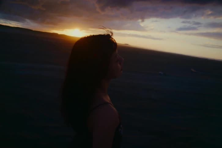 A pensive woman stands in a vast, windy desert landscape, her hair blowing as she watches the dramatic sunset