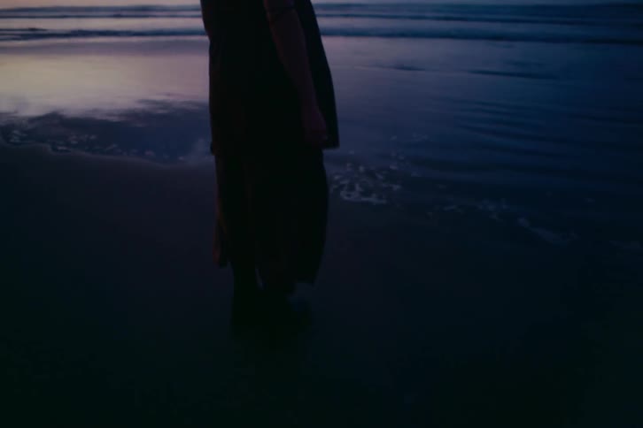 A contemplative woman in silhouette stands on the beach at dusk, watching the ocean waves