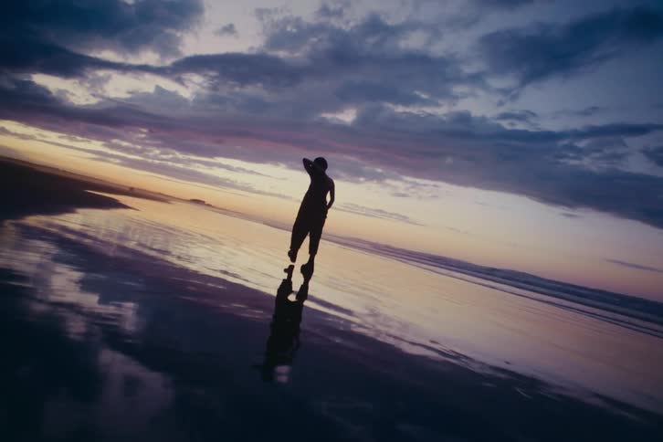 A woman stands in silhouette on a beach at sunset, her reflection cast on the wet sand under a dramatic sky