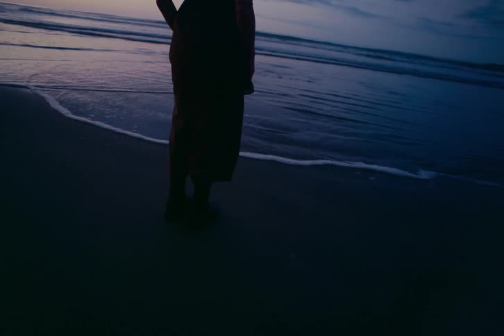 A solitary person stands silhouetted on a dark beach at twilight, watching the gentle ocean waves