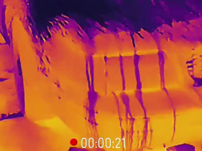 Close-up thermal imaging view of a cold water leak spreading across a warm interior structure