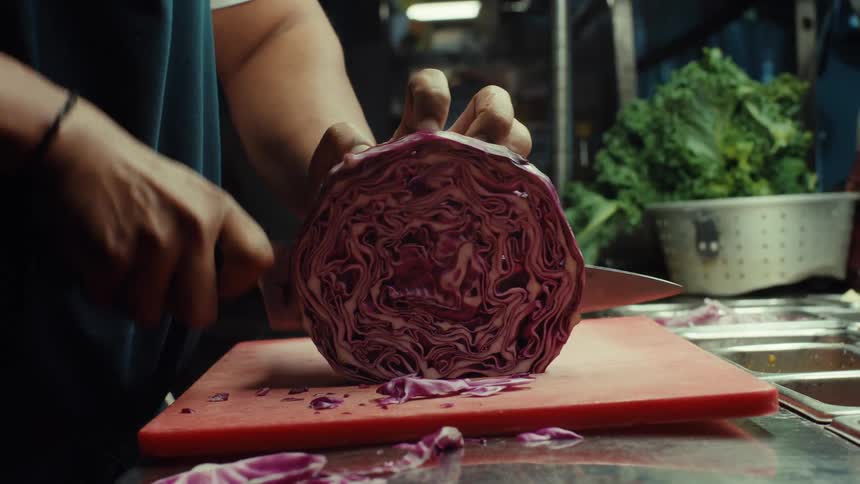 Slow motion close up of a chef carefully slicing a red cabbage on a red cutting board