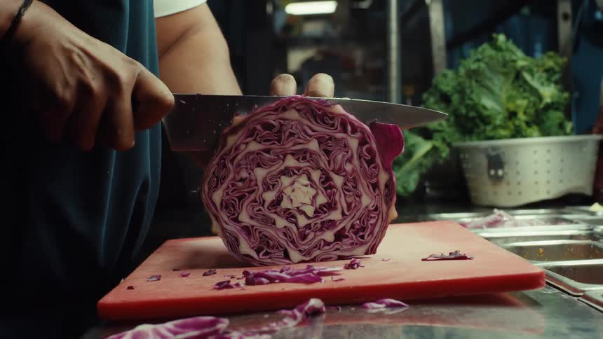 Detailed slow-motion close-up of a chef expertly slicing a red cabbage in a professional kitchen