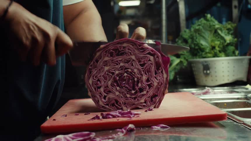 Close up of a chef slicing a fresh red cabbage in a restaurant kitchen