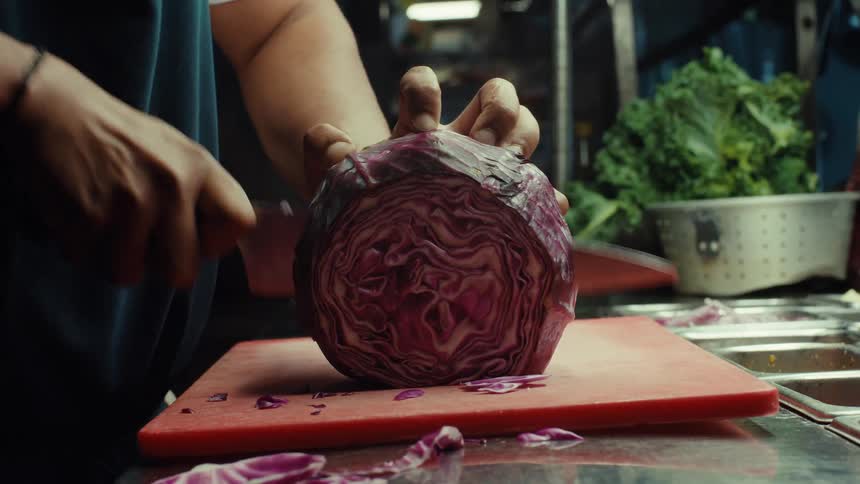 Close-up of a chef skillfully slicing vibrant red cabbage on a red cutting board in a professional kitchen
