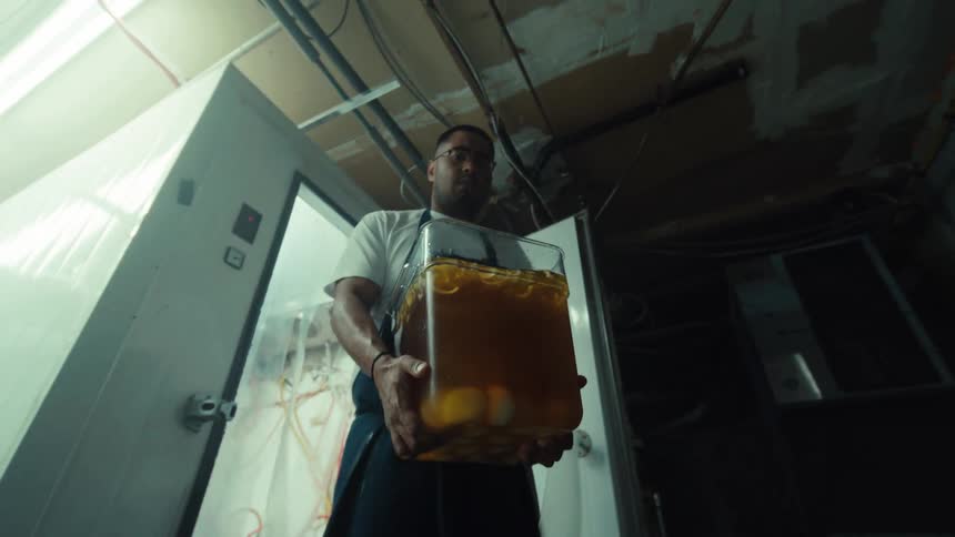 Chef in an apron walks out of a restaurant freezer in slow motion, carrying a large container of marinating eggs