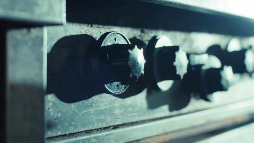 Close-up of a hand turning the knobs on a commercial gas stove to light the burner under a steaming pan