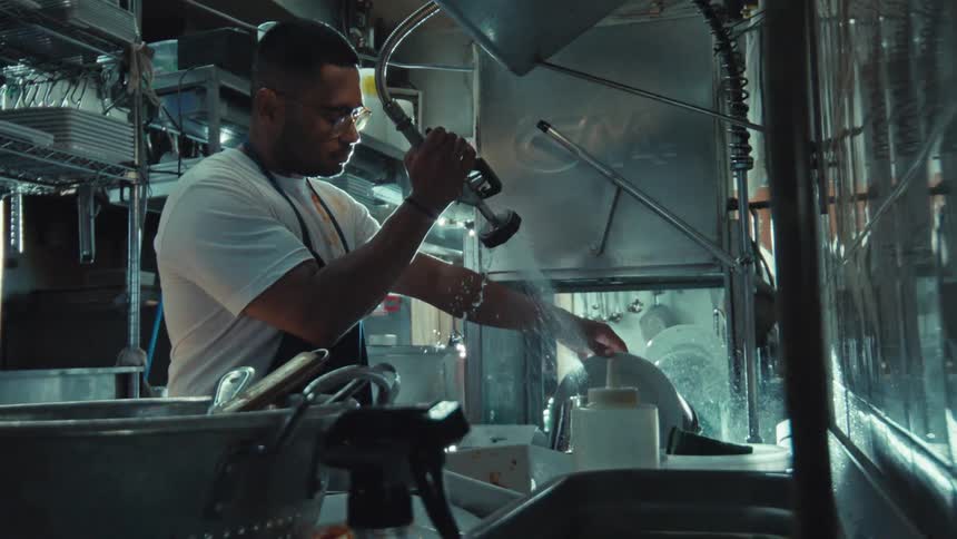 Slow motion medium shot of a focused restaurant worker rinsing dishes with a powerful spray nozzle in a commercial kitchen
