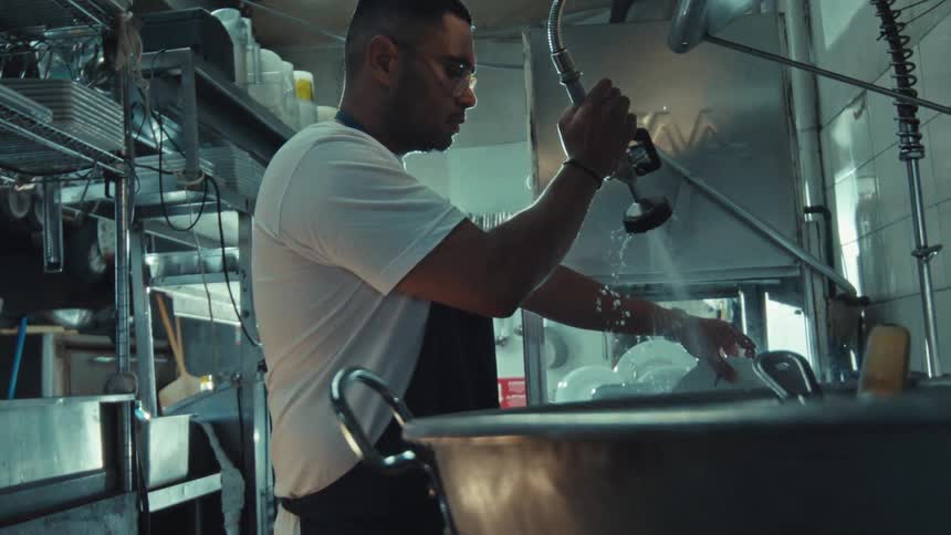 A focused dishwasher meticulously rinses plates with a high-pressure spray nozzle in a commercial kitchen, captured in slow motion