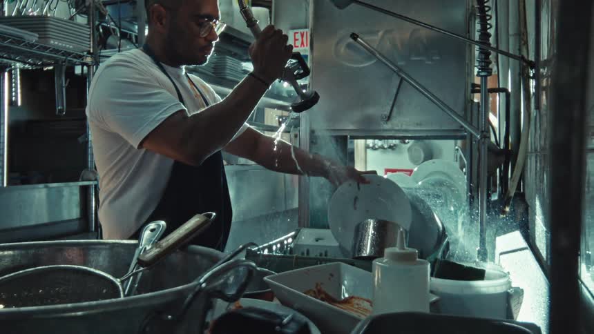 A restaurant worker diligently rinses a dirty plate with a high-pressure water sprayer in a busy kitchen, captured in slow motion