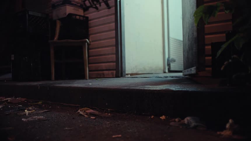 A low-angle shot shows a person's legs as they take out a large bag of trash from a back door at night