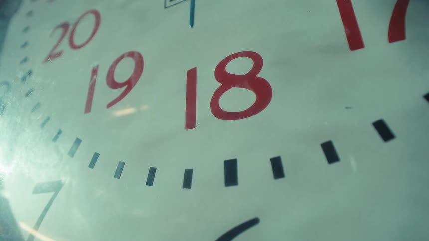 A close-up shot of a 24-hour clock face shows the second hand ticking and time passing by