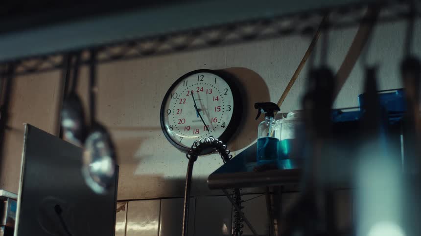 A wall clock in a dimly lit commercial kitchen keeps time as an out-of-focus chef works in the foreground