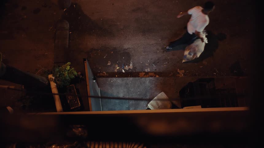 High-angle shot of a man walking with a trash bag in a dark, littered alley at night