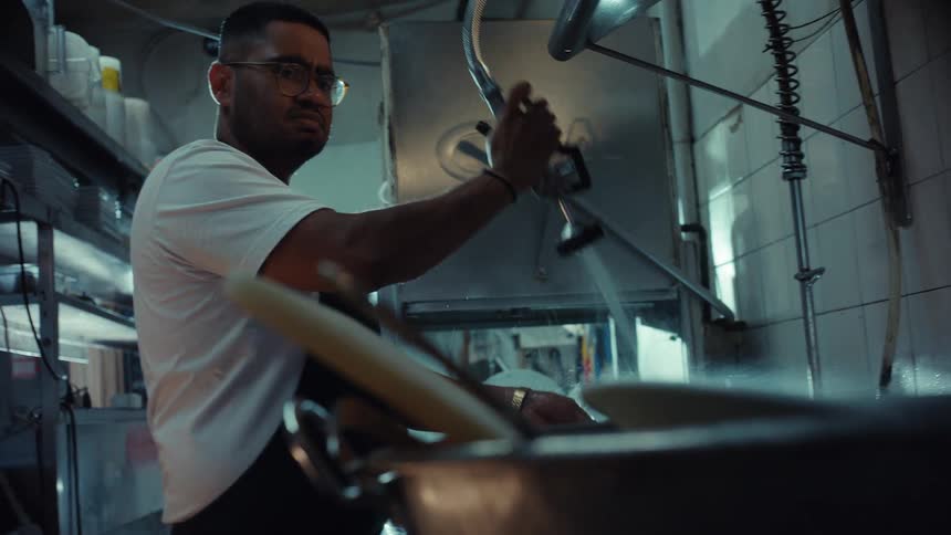 Cinematic slow motion view of a kitchen worker rinsing dishes with a powerful sprayer in a restaurant sink