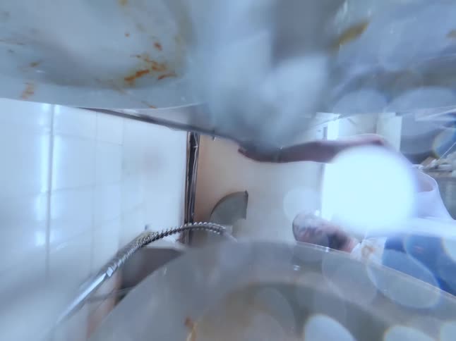 A restaurant worker rinses dirty plates with a high-pressure hose, captured from a unique POV shot inside the commercial dishwasher