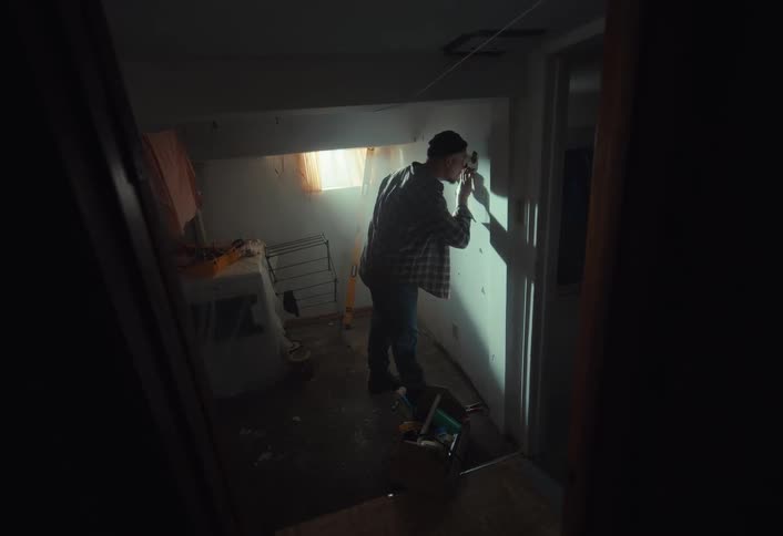 A man in a plaid shirt and beanie inspects a wall with a tool in a dimly lit basement during a home renovation project
