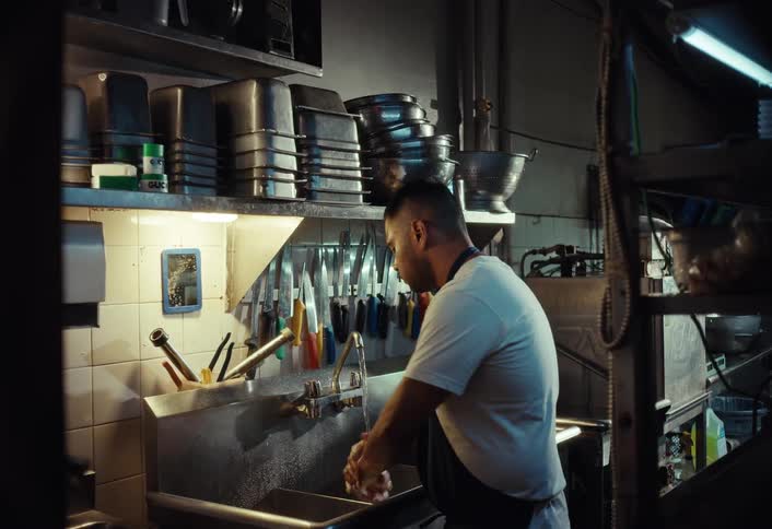 A male cook in an apron thoroughly washes his hands and forearms in a commercial kitchen sink in slow motion