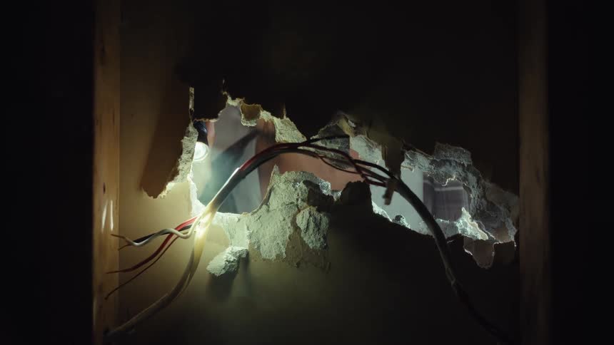 A curious man shines a flashlight through a jagged hole in the drywall, searching inside the dark walls of a house